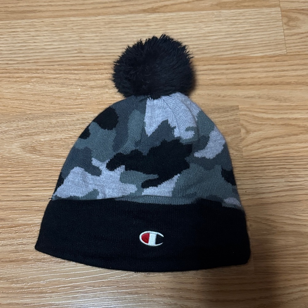 Champion Black and Gray Camo Beanie with Pom